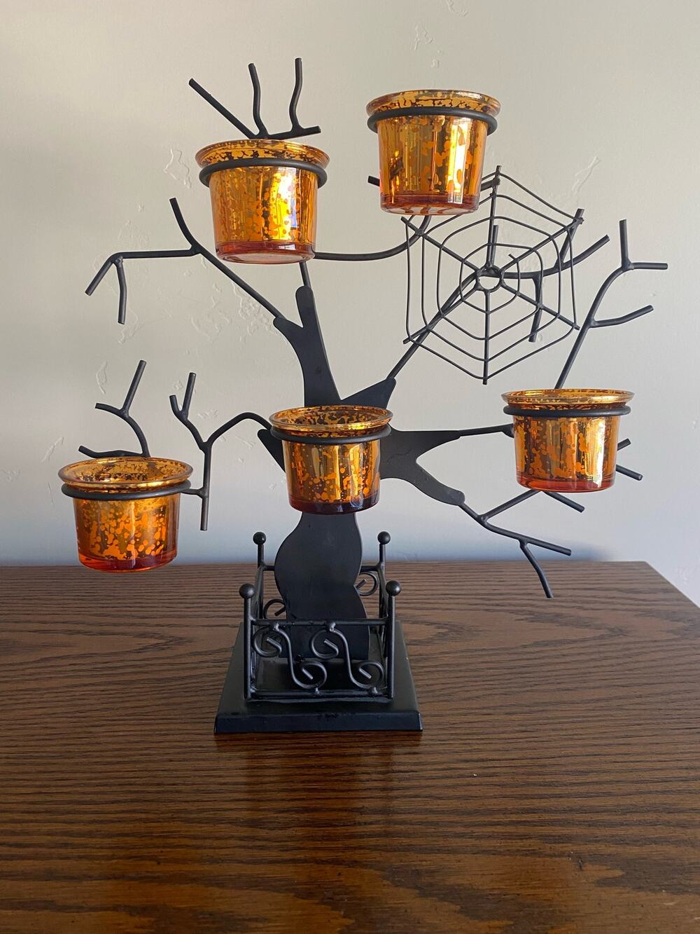 Black Metal Tea Light Halloween Tree with Glass Votives Decoration